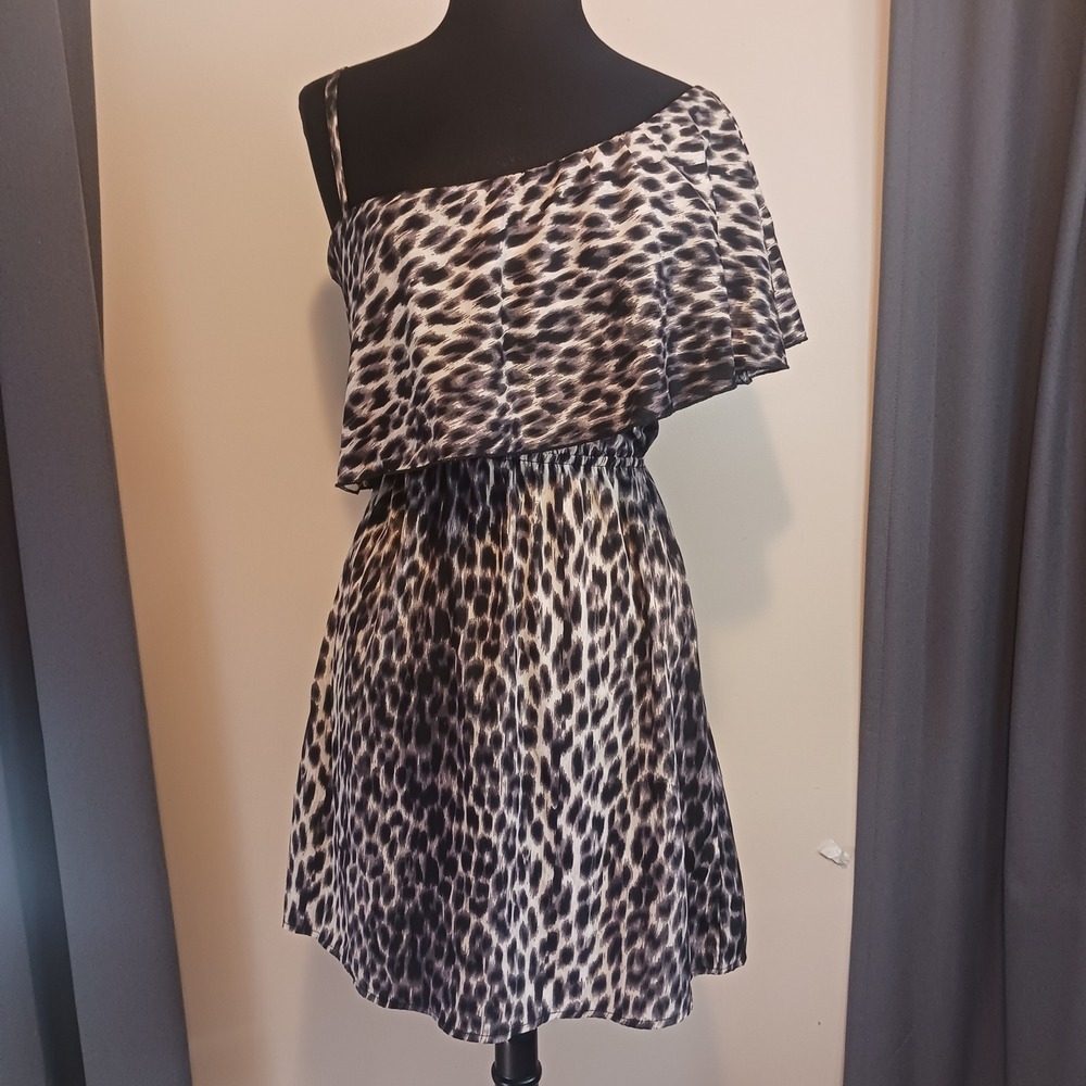 Indulge Leopard Print One Shoulder Ruffle Mini Festival Dress M